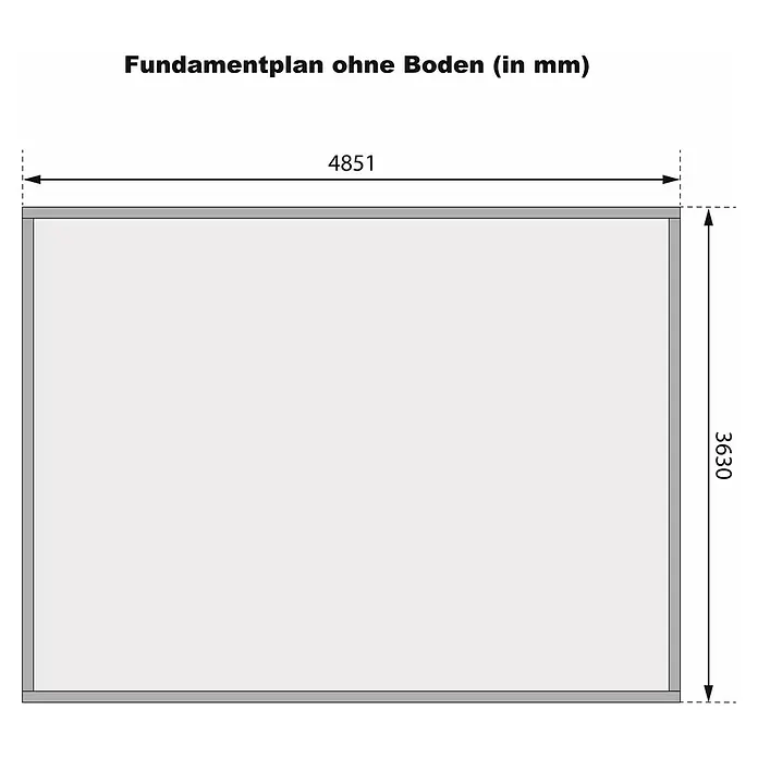 Karibu Gartenhaus Radeburg 4 - Außenmaß inkl. Dachüberstand (B x T): 528 x 393 cm, Holz, Natur - Grundriss ohne Boden mit Maßen. Der Fundamentplan zeigt eine rechteckige Struktur mit den Abmessungen 4851 mm x 3630 mm.