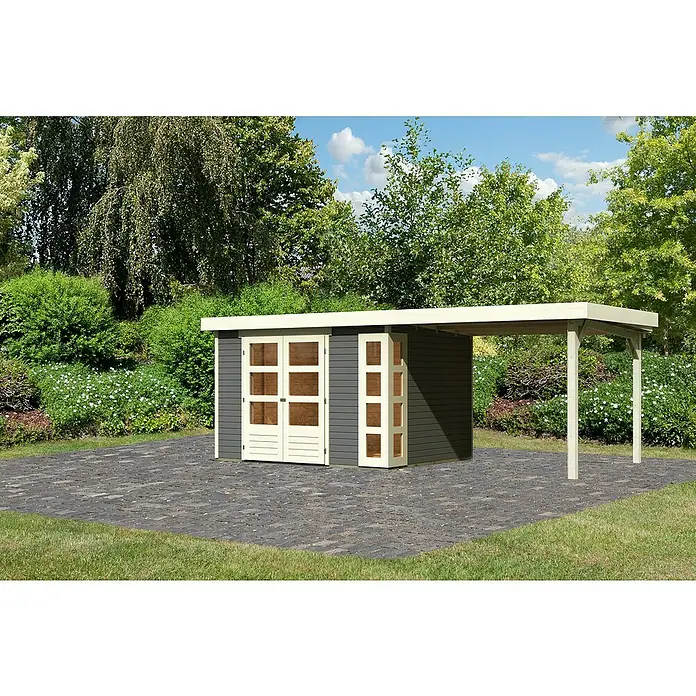 Karibu Gartenhaus Kerko 5 - Außenmaß inkl. Dachüberstand (B x T): 591,5 x 262 cm, Holz, Terragrau, Mit Seitendach - Schuppen mit Überdachung im Garten. Der Schuppen hat Doppeltüren und ein Flachdach mit Überdachung für zusätzlichen Stauraum.