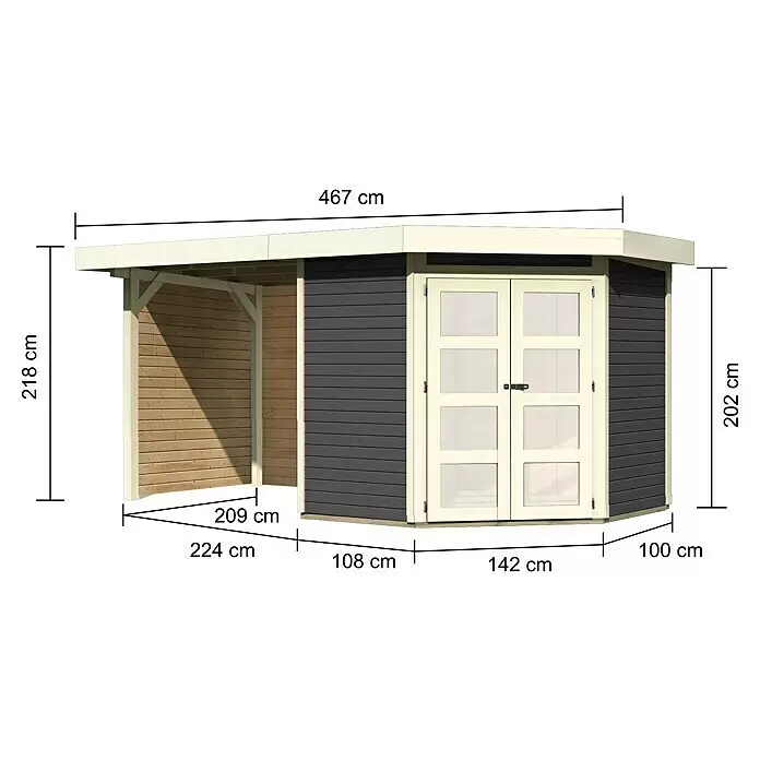 Karibu Gartenhaus Goldendorf 3Außenmaß inkl. Dachüberstand (B x T): 467 x 238 cm, Holz, Terragrau, Mit Seitendach, Rück- und Seitenwand
