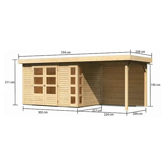 Karibu Gartenhaus Kerko 4 - Außenmaß inkl. Dachüberstand (B x T): 554 x 238 cm, Holz, Natur, Mit Seitendach und Rückwand - Abbildung eines Holzgartenhauses mit Anbau und Maßangaben für die Produktbeschreibung.