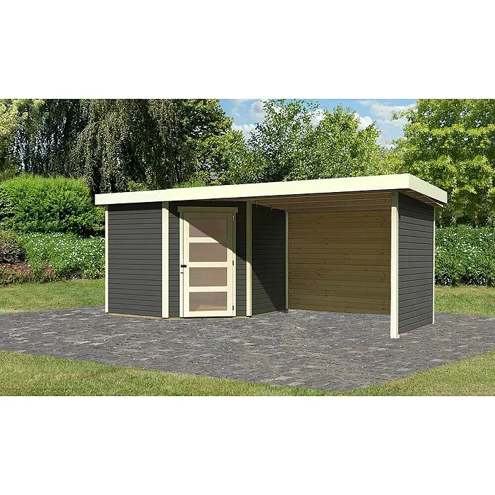 Karibu Gartenhaus Schwandorf 5 - Außenmaß inkl. Dachüberstand (B x T): 529,5 x 262 cm, Holz, Terragrau, Mit Seitendach, Rück- und Seitenwand - Abbildung eines modernen Gartenhauses mit Flachdach, bestehend aus einem geschlossenen Raum mit Tür und einem offenen Unterstand.