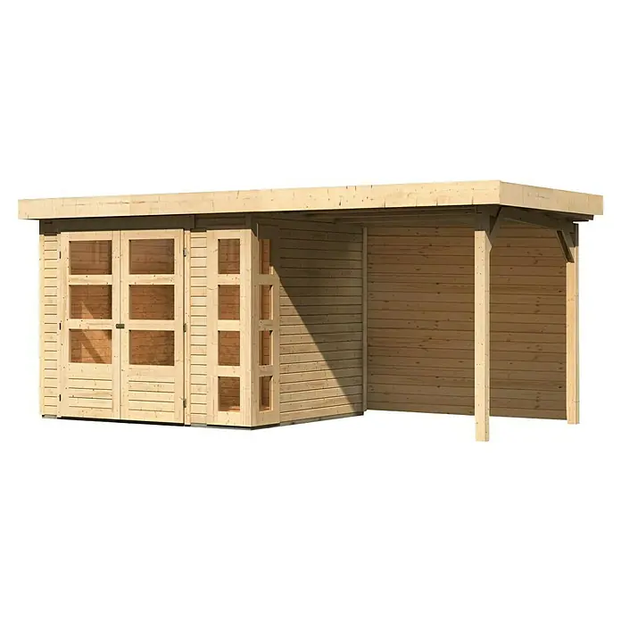 Karibu Gartenhaus Kerko 3 - Außenmaß inkl. Dachüberstand (B x T): 491 x 238 cm, Holz, Natur, Mit Seitendach und Rückwand - Abbildung eines Holzgartenhauses mit Doppeltüren und überdachtem Anbau, ideal für Lagerung und als wettergeschützter Aufenthaltsbereich im Garten.