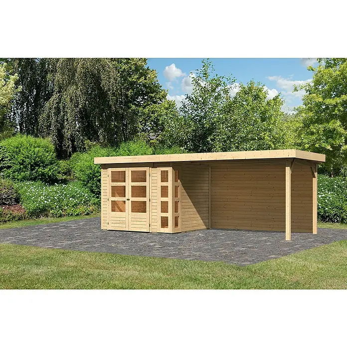 Karibu Gartenhaus Kerko 3 - Außenmaß inkl. Dachüberstand (B x T): 528,5 x 238 cm, Holz, Natur, Mit Seitendach und Rückwand - Holzgartenhaus mit überdachtem Bereich, ideal für Gartenarbeit und Entspannung im Freien. Natürliches Design fügt sich harmonisch in den Garten ein.