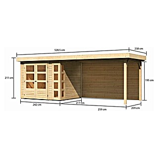 Karibu Gartenhaus Kerko 3 (Außenmaß inkl. Dachüberstand (B x T): 528,5 x 238 cm, Holz, Natur, Mit Seitendach und Rückwand)