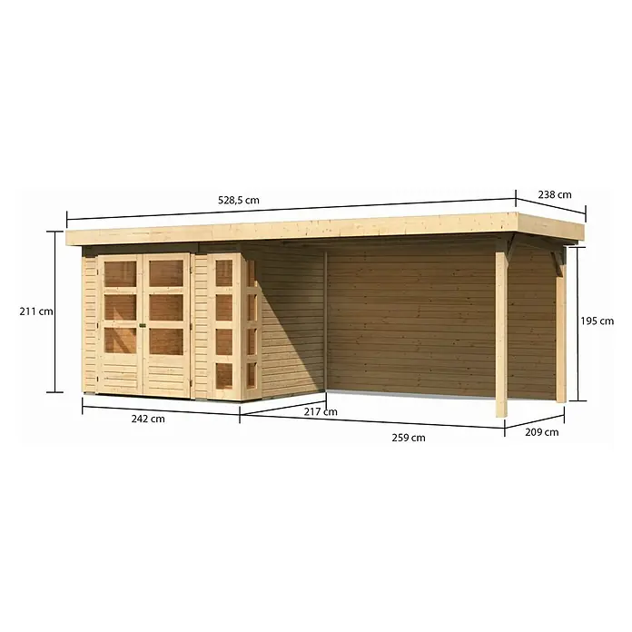 Karibu Gartenhaus Kerko 3 - Außenmaß inkl. Dachüberstand (B x T): 528,5 x 238 cm, Holz, Natur, Mit Seitendach und Rückwand - Ansicht eines Holzschuppens mit Anbau und Maßangaben zu Länge, Höhe und Breite in Zentimetern.