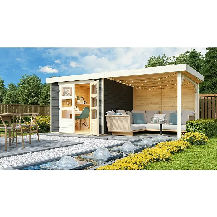 Karibu Gartenhaus Askola 3,5 - Außenmaß inkl. Dachüberstand (B x T): 528,5 x 262 cm, Holz, Terragrau, Mit Seitendach und Rückwand - Ein modernes Gartenbüro mit offenem Wohnbereich, ideal für Arbeit und Entspannung im Freien. Die perfekte Kombination aus Funktionalität und Design.