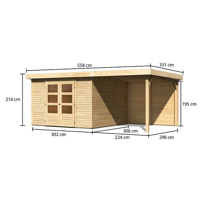 Karibu Gartenhaus Askola 6 - Außenmaß inkl. Dachüberstand (B x T): 558 x 331 cm, Holz, Natur, Mit Seitendach- und Rückwand - Bild einer Gartenlaube mit den Maßen 558 cm Länge, 216 cm Höhe und 331 cm Breite.