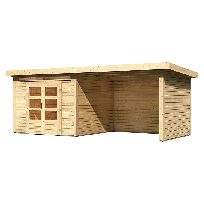 Karibu Gartenhaus Kandern 6 - Außenmaß inkl. Dachüberstand (B x T): 612 x 303 cm, Holz, Natur, Mit Seitendach, Rück- und Seitenwand - Ein Holzgartenhaus mit Doppeltür und einem überdachten Bereich, ideal für die Lagerung oder als gemütlicher Rückzugsort im Freien.