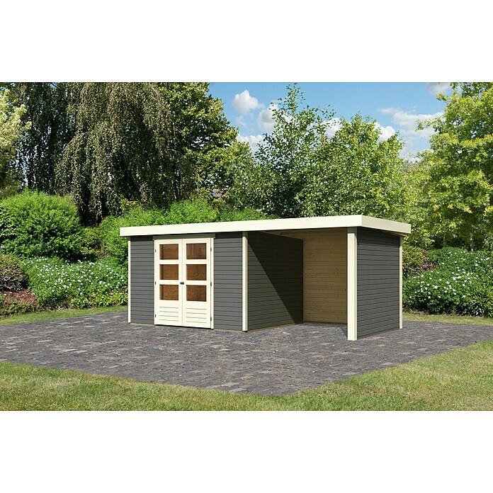 Karibu Gartenhaus Askola 5 (Außenmaß inkl. Dachüberstand (B x T): 554 x 262 cm, Holz, Terragrau, Mit Seitendach, Rück- und Seitenwand) | BAUHAUS