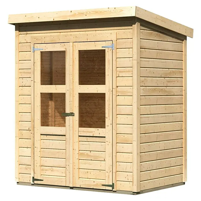 Karibu Gartenhaus Timmo - Außenmaß inkl. Dachüberstand (B x T): 189 x 142 cm, Holz, Natur, Ohne Anbau - Abbildung eines Holzschuppens mit Doppeltüren und Fensterpaneelen. Ideal für die Gartenaufbewahrung und Werkzeuge.