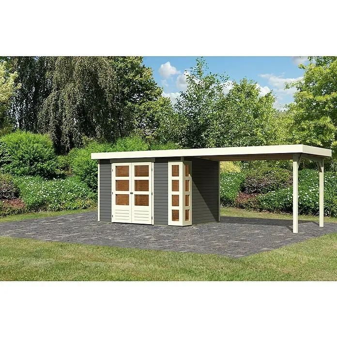Karibu Gartenhaus Kerko 4 - Außenmaß inkl. Dachüberstand (B x T): 609 x 238 cm, Holz, Terragrau, Mit Seitendach - Modernes Gartenhaus mit Carport-Anbau. Das graue Gartenhaus verfügt über doppelte Türen und ein helles Carport. Ideale Ergänzung für jeden Garten.