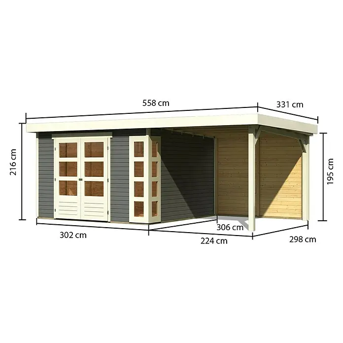 Karibu Gartenhaus Kerko 6 - Außenmaß inkl. Dachüberstand (B x T): 558 x 331 cm, Holz, Terragrau, Mit Seitendach und Rückwand - Ansicht des Holzgartenhauses mit Anbau und Größenangaben zu Länge, Breite und Höhe in Zentimetern.
