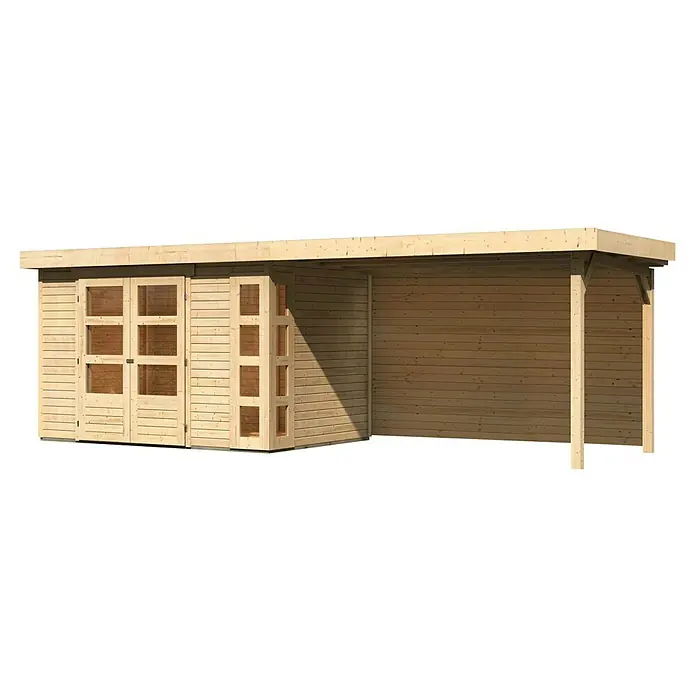 Karibu Gartenhaus Kerko 4 - Außenmaß inkl. Dachüberstand (B x T): 609 x 238 cm, Holz, Natur, Mit Seitendach und Rückwand - Abbildung eines Holzgartenhauses mit Fenstern und einer überdachten Veranda, ideal für den Außenbereich und die Gartengestaltung.