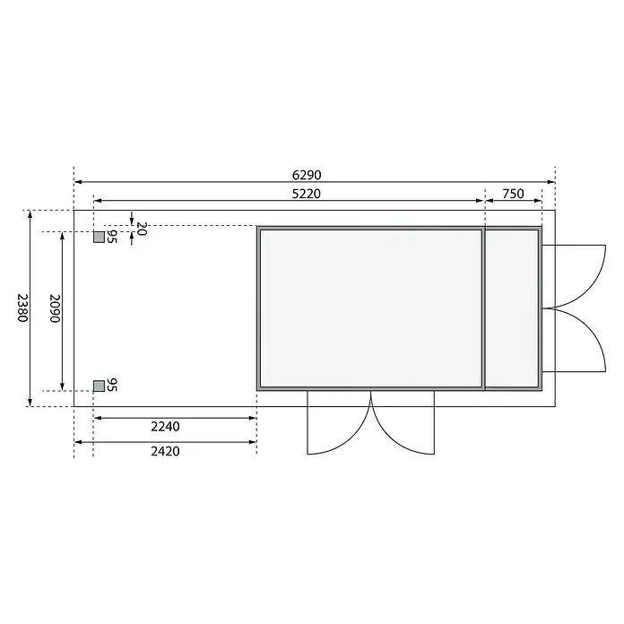 Karibu Gartenhaus Retola 5 - Außenmaß inkl. Dachüberstand (B x T): 629 x 238 cm, Holz, Natur - Grundriss des Gartenhauses mit präzisen Maßangaben. Perfekt für Planung und Gestaltung Ihres Traum-Gartenhauses.