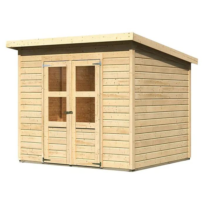 Karibu Gartenhaus Merseburg 5 - Außenmaß inkl. Dachüberstand (B x T): 265 x 236 cm, Holz, Natur, Ohne Seitendach - Holzschuppen mit Doppeltür.