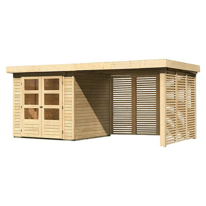 Karibu Gartenhaus Askola 2 - Außenmaß inkl. Dachüberstand (B x T): 504,5 x 238 cm, Holz, Natur, Mit Seitendach, Rück- & Seitenwand - Geräumiger Holzschuppen mit Doppeltür und offenem Lagerbereich mit Holzlatten für Gartenbedarf und Werkzeuge.