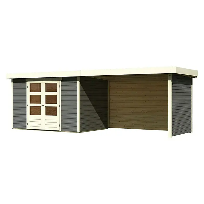 Karibu Gartenhaus Askola 4 - Außenmaß inkl. Dachüberstand (B x T): 591,5 x 238 cm, Holz, Terragrau, Mit Seitendach, Rück- und Seitenwand - Das Bild zeigt ein modernes Gartenhaus mit Doppeltür und angrenzendem Unterstand, ideal für die Aufbewahrung von Gartengeräten und Möbeln.