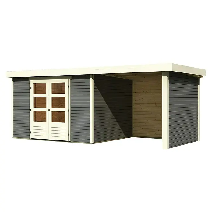 Karibu Gartenhaus Askola 5 - Außenmaß inkl. Dachüberstand (B x T): 554 x 262 cm, Holz, Terragrau, Mit Seitendach, Rück- und Seitenwand - Eine moderne Gartenlaube mit grauen Holzwänden, weißen Akzenten und einer Doppeltür mit Fenster bietet stilvollen Schutz im Freien.