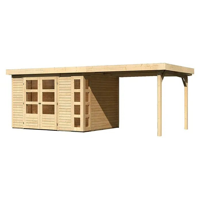 Karibu Gartenhaus Kerko 5 - Außenmaß inkl. Dachüberstand (B x T): 591,5 x 262 cm, Holz, Natur, Mit Seitendach - Holzhütte mit Doppeltüren und überdachtem Bereich, ideal für Gartenarbeit oder als Lagerraum. Das helle Holz sorgt für ein freundliches Ambiente.