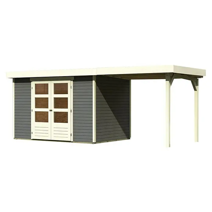 Karibu Gartenhaus Cuno 4 - Außenmaß inkl. Dachüberstand (B x T): 554 x 238 cm, Holz, Terragrau, Mit Seitendach - Geräumiges Gartenhaus mit stilvollem Design und überdachtem Bereich. Ideal zur Aufbewahrung von Gartengeräten und als gemütlicher Rückzugsort im Freien.