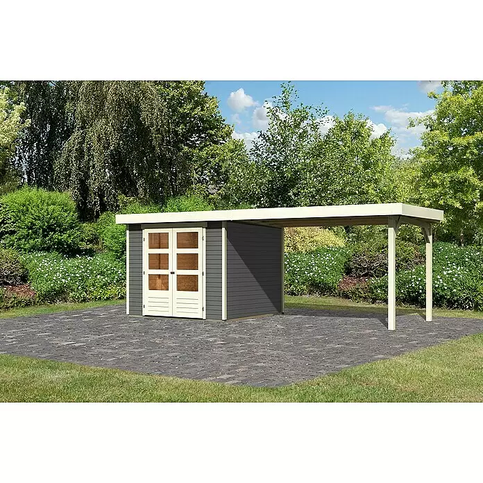 Karibu Gartenhaus Askola 3,5 - Außenmaß inkl. Dachüberstand (B x T): 528,5 x 262 cm, Holz, Terragrau, Mit Seitendach - Dunkelgraues Gartenhaus mit cremefarbenen Türen und angebautem Carport.