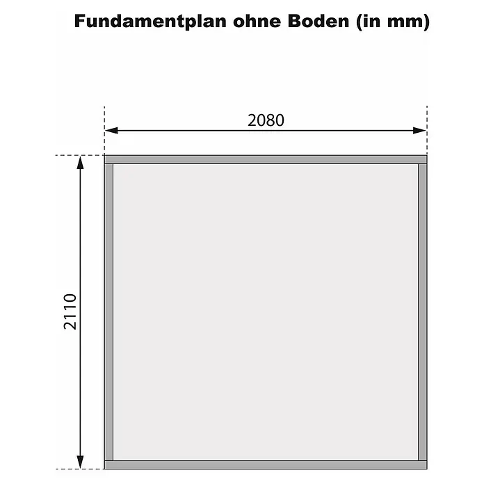 Karibu Gartenhaus Express - Außenmaß inkl. Dachüberstand (B x T): 240 x 236 cm, Holz, Naturbelassen, Ohne Anbau - Fundamentplan ohne Boden: Abbildung mit den Maßen 2080 mm Breite und 2110 mm Höhe, dargestellt als technische Zeichnung.