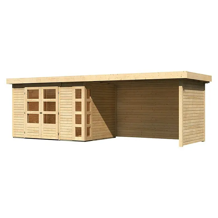 Karibu Gartenhaus Kerko 4 - Außenmaß inkl. Dachüberstand (B x T): 609 x 238 cm, Holz, Natur, Mit Seitendach, Rück- und Seitenwand - Ein helles Holzgartenhaus mit Schiebetüren und seitlichem Unterstand bietet vielseitigen Stauraum und Schutz im Freien.