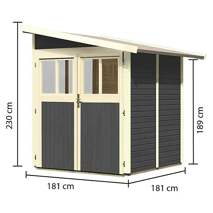 Karibu Gartenhaus Wandlitz 2 - Außenmaß inkl. Dachüberstand (B x T): 200 x 232 cm, Holz, Terragrau - Abbildung eines Gerätehauses mit den Maßen 181 x 181 x 230 cm, ideal für die Gartenaufbewahrung. Das Haus hat eine Tür und Fenster.