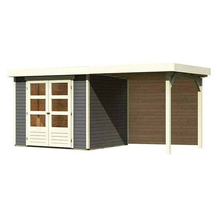Karibu Gartenhaus Askola 3 - Außenmaß inkl. Dachüberstand (B x T): 491 x 238 cm, Holz, Terragrau, Mit Seitendach und Rückwand - Diese Aufnahme zeigt ein Holzgartenhaus mit Doppeltür und überdachtem Lagerbereich, ideal für Gartengeräte und mehr.