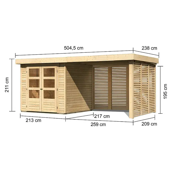 Karibu Gartenhaus Askola 2 - Außenmaß inkl. Dachüberstand (B x T): 504,5 x 238 cm, Holz, Natur, Mit Seitendach, Rück- & Seitenwand - Abbildung eines Gartenhauses mit integriertem Unterstand, versehen mit Maßangaben zu Länge, Höhe und Breite.