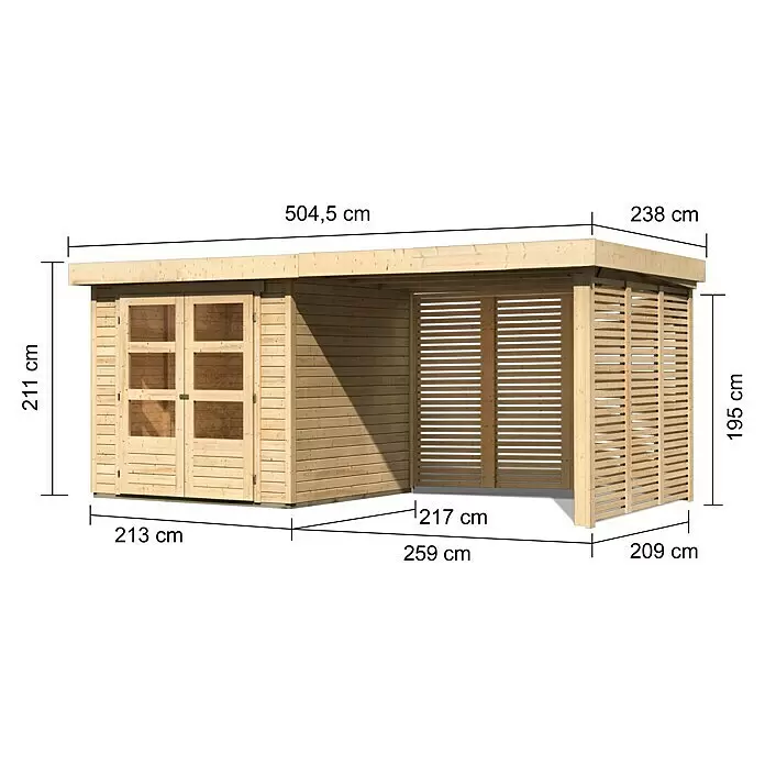 Karibu Gartenhaus Askola 2Außenmaß inkl. Dachüberstand (B x T): 504,5 x 238 cm, Holz, Natur, Mit Seitendach, Rück- & Seitenwand
