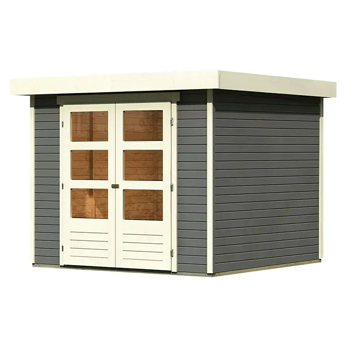 Karibu Gartenhaus Cuno 3 - Außenmaß inkl. Dachüberstand (B x T): 266 x 238 cm, Holz, Terragrau - Foto von einem grauen Geräteschuppen mit Doppeltüren und weißen Akzenten unter dem Dach.