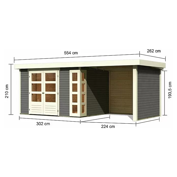 Karibu Gartenhaus Kerko 5Außenmaß inkl. Dachüberstand (B x T): 554 x 262 cm, Holz, Terragrau, Mit Seitendach, Rück- und Seitenwand