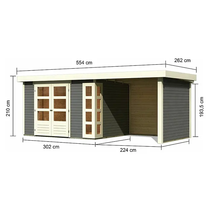 Karibu Gartenhaus Kerko 5 - Außenmaß inkl. Dachüberstand (B x T): 554 x 262 cm, Holz, Terragrau, Mit Seitendach, Rück- und Seitenwand - Abbildung des Gartenhauses mit seinen Abmessungen: 554 cm Länge, 262 cm Breite, 210 cm Höhe und 193,5 cm Höhe der Seitenwand.