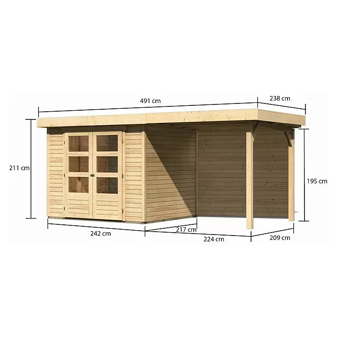 Karibu Gartenhaus Askola 3Außenmaß inkl. Dachüberstand (B x T): 491 x 238 cm, Holz, Natur, Mit Seitendach und Rückwand