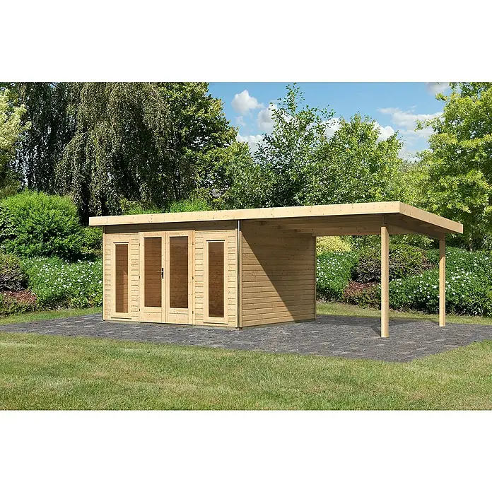 Karibu Gartenhaus Radeburg 2 - Außenmaß inkl. Dachüberstand (B x T): 724 x 331,5 cm, Holz, Natur, Mit Seitendach - Ein modernes Gartenhaus mit Überdachung, ideal für zusätzlichen Stauraum und Schutz im Freien. Das Holzhaus fügt sich nahtlos in jeden Garten ein.
