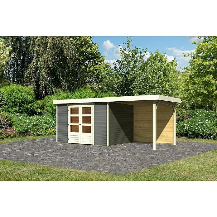 Karibu Gartenhaus Askola 5 - Außenmaß inkl. Dachüberstand (B x T): 554 x 262 cm, Holz, Terragrau, Mit Seitendach und Rückwand - Ein modernes Gartenhaus mit Flachdach und überdachtem Bereich, ideal für zusätzlichen Stauraum im Freien.