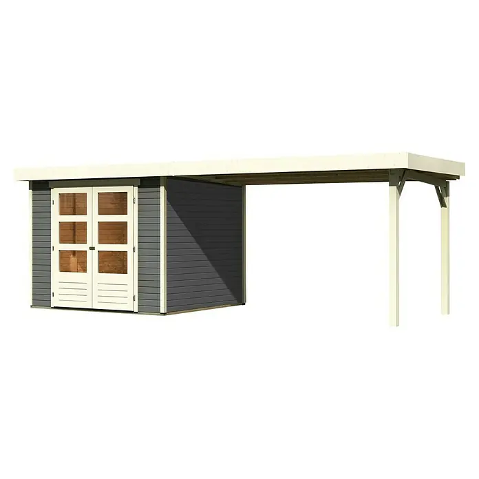 Karibu Gartenhaus Askola 3,5 - Außenmaß inkl. Dachüberstand (B x T): 528,5 x 262 cm, Holz, Terragrau, Mit Seitendach - Geräumiger Holzschuppen mit Vordach für zusätzlichen Stauraum, ideal für den Garten. Der Schuppen bietet Schutz und Ordnung für Gartengeräte.