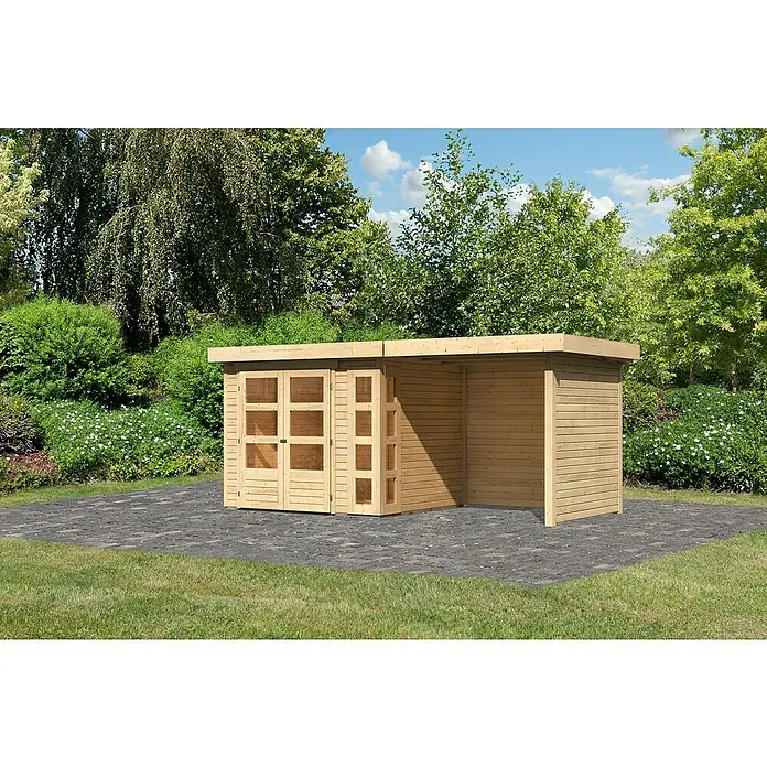 Karibu Gartenhaus Kerko 3 - Außenmaß inkl. Dachüberstand (B x T): 491 x 238 cm, Holz, Natur, Mit Seitendach, Rück- und Seitenwand - Holzgartenhaus mit Doppeltür und Anbau, ideal für Gartengeräte. Das Haus bietet viel Stauraum und schützt vor Witterungseinflüssen.