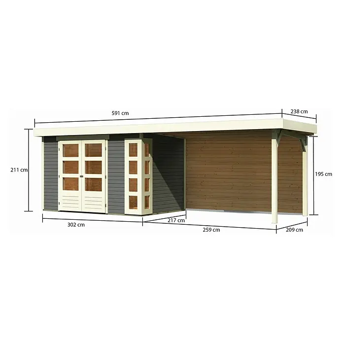 Karibu Gartenhaus Kerko 4 - Außenmaß inkl. Dachüberstand (B x T): 609 x 238 cm, Holz, Terragrau, Mit Seitendach und Rückwand - Abbildung eines Gartenhauses mit den Maßen 591 cm Länge und 211 cm Höhe.