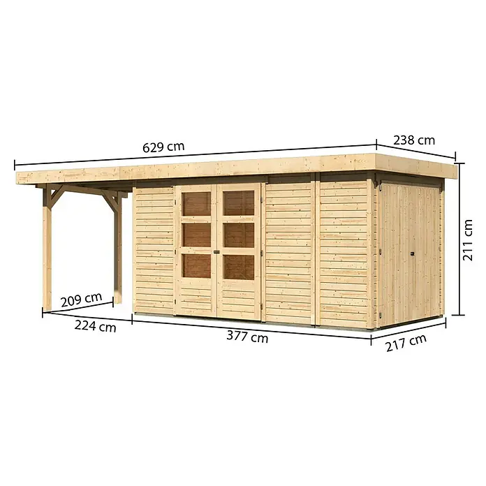 Karibu Gartenhaus Retola 5 - Außenmaß inkl. Dachüberstand (B x T): 629 x 238 cm, Holz, Natur - Abmessungen des Holzschuppens mit Carport, mit einer Gesamtlänge von 629 cm und einer Höhe von 211 cm.