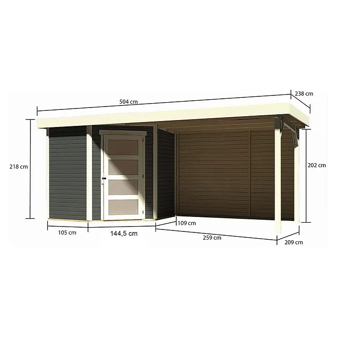 Karibu Gartenhaus Schwandorf 3 - Außenmaß inkl. Dachüberstand (B x T): 504,5 x 238 cm, Holz, Terragrau - Eine detaillierte Darstellung eines Gartenhauses mit Carport und den dazugehörigen Maßen in Zentimetern.