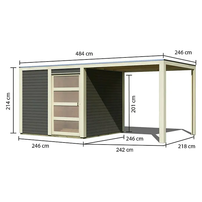 Karibu Gartenhaus Qubic 1 - Außenmaß inkl. Dachüberstand (B x T): 485 x 246 cm, Holz, Terragrau, Mit Seitendach - Ansicht des Gartenhauses mit integriertem Carport und Maßangaben.