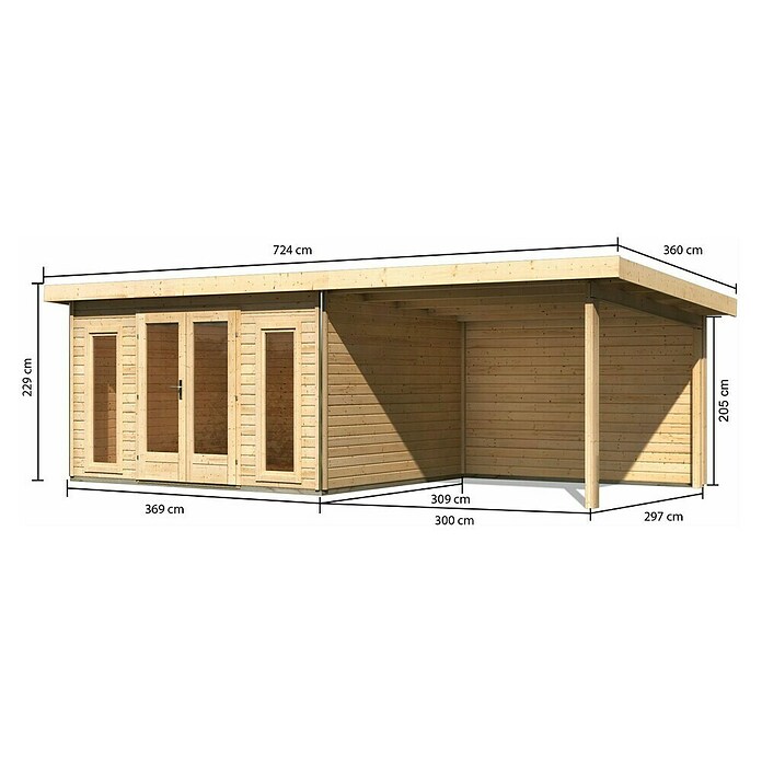 Karibu Gartenhaus Radeburg 2 (Außenmaß inkl. Dachüberstand (B x T): 724 x 331,5 cm, Holz, Natur, Mit Seitendach und Rückwand) | BAUHAUS