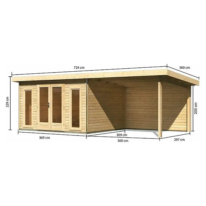 Karibu Gartenhaus Radeburg 2 - Außenmaß inkl. Dachüberstand (B x T): 724 x 331,5 cm, Holz, Natur, Mit Seitendach und Rückwand - Abmessungen eines Holzgartenhauses mit überdachtem Terrassenbereich, einschließlich Höhe, Breite und Tiefe des Gebäudes.