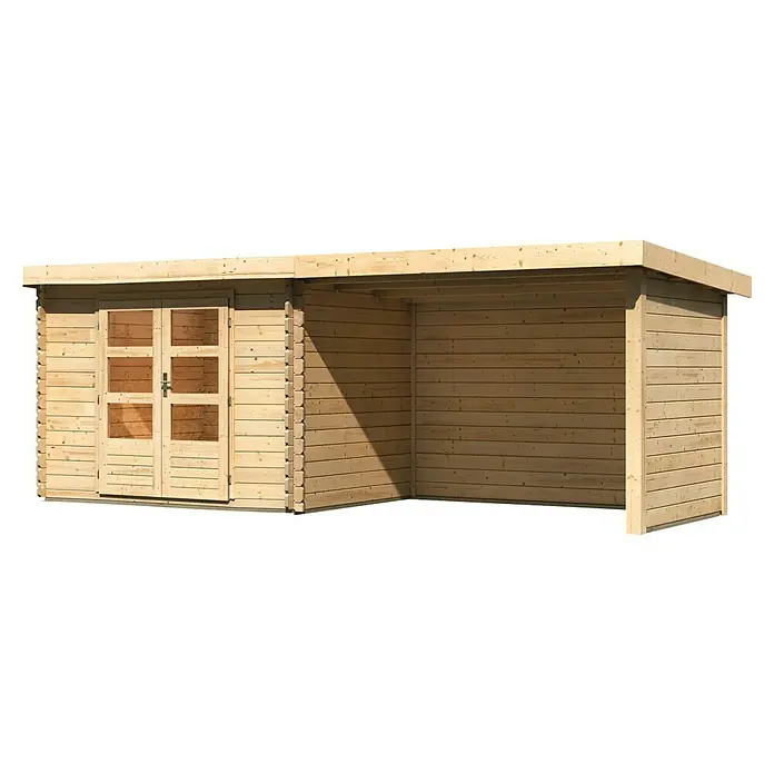 Karibu Gartenhaus Bastrup 3 - Außenmaß inkl. Dachüberstand (B x T): 614 x 273 cm, Holz, Natur, Mit Seitendach, Rück- und Seitenwand - Hölzernes Gartenhaus mit Doppeltür und einem offenen Anbau, ideal für Gartengeräte oder als gemütlicher Unterstand im Freien.