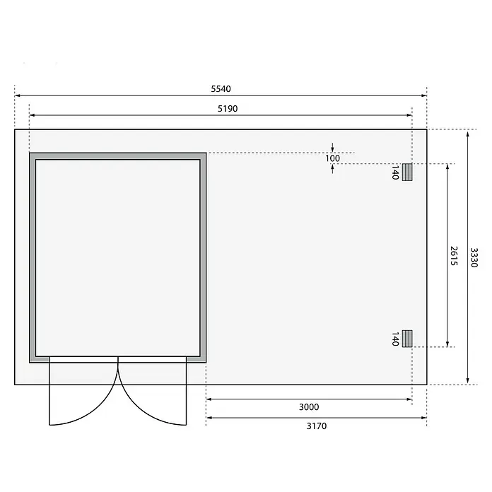 Karibu Gartenhaus Bastrup 4 - Außenmaß inkl. Dachüberstand (B x T): 554 x 333 cm, Holz, Natur, Mit Seitendach und Rückwand - Eine Draufsicht des Produkts mit genauen Maßangaben in Millimetern, die das Design und die Abmessungen hervorheben.