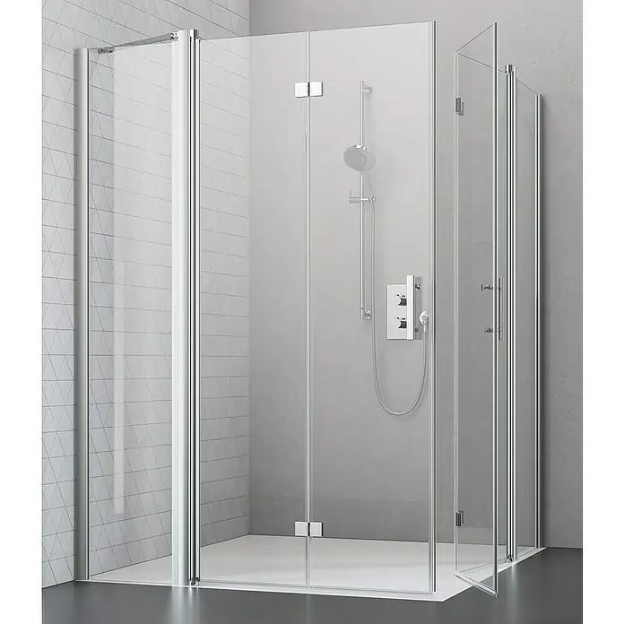 Camargue Vario Eckdusche S53+S16+S52+S15L x B x H: 120 x 150 x 195 cm, Beschichtet, Stärke: 6 mm, Silber - Hier ist eine stilvolle Duschkabine mit klaren Glaswänden und Chrombeschlägen, die ein modernes Badezimmer-Ambiente schafft.