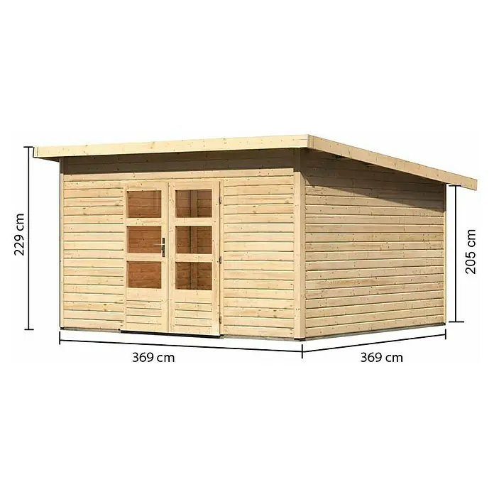 Karibu Gartenhaus Northeim 5 - Außenmaß inkl. Dachüberstand (B x T): 406 x 393 cm, Holz, Natur - Abbildung eines Holzgartenhauses mit Abmessungen. Das Gartenhaus hat ein Flachdach und Doppeltüren mit Glasfenstern.