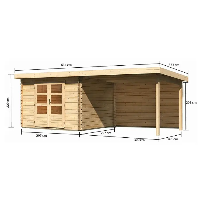 Karibu Gartenhaus Bastrup 5 - Außenmaß inkl. Dachüberstand (B x T): 614 x 333 cm, Holz, Natur, Mit Seitendach und Rückwand - Abbildung eines Holzgartenhauses mit den Massen 220 cm Höhe, 614 cm Länge, 297 cm Tiefe.